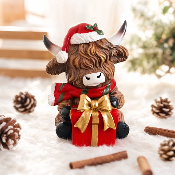 Cute Highland Cow Gifts Christmas Decor, Resin Highland Cow Bathroom Decor with Santa Hat, Christmas Cow Figurines for Xmas Home Table Decor