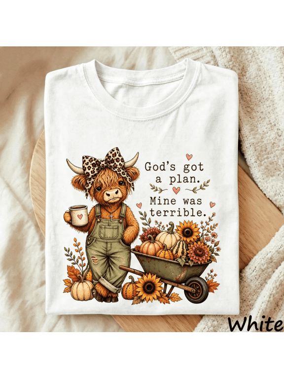 Cute Highland Cow Graphic Short‑Sleeve T‑Shirt, Funny Christian Religious Humor Casual Top,Women Tshirts