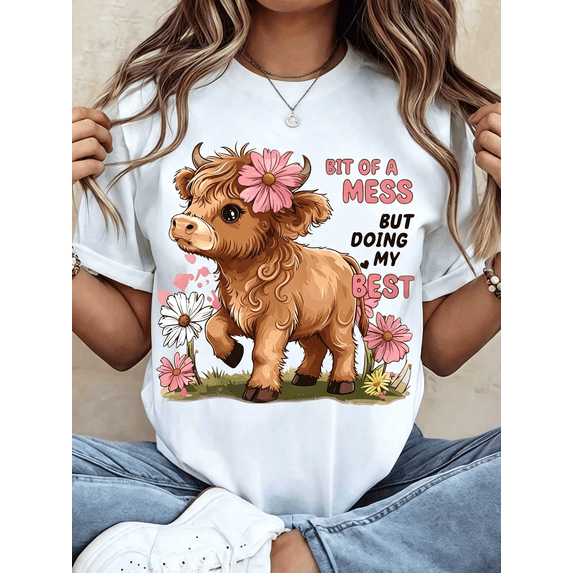 Cute Highland Cow Graphic T‑Shirt for Women, Bit of A Mess But Doing My Best Inspirational Casual Short Sleeve Tee