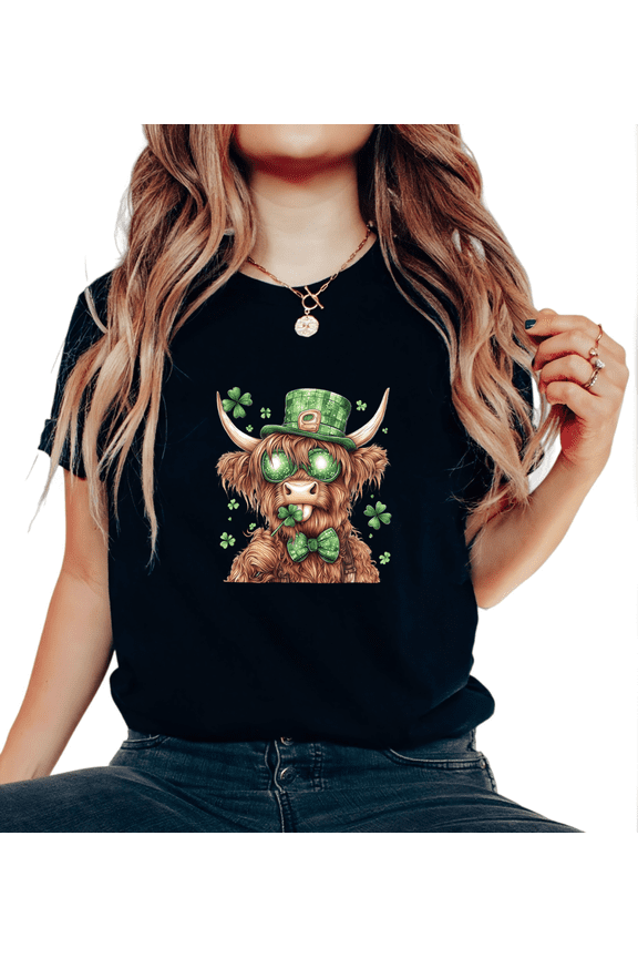 Cute Highland Cow Graphic Tees Print Tshirt Black Shirts S-5XL Womens Farm Animal Shamrock Irish Festival Tops