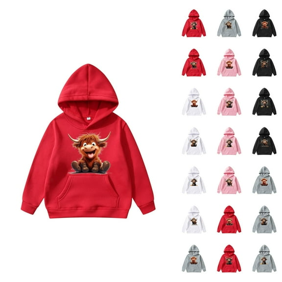 Cute Highland Cow Hoodies for Boys Girls Western Country Christmas Graphic Hooded Sweatshirt with Pockets Pullover Tops