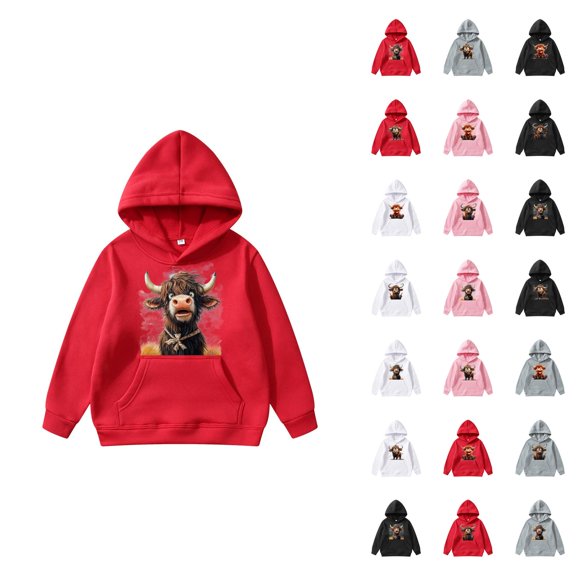 Cute Highland Cow Hoodies for Boys Girls Western Country Christmas Graphic Hooded Sweatshirt with Pockets Pullover Tops