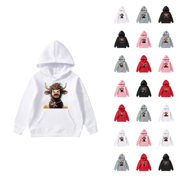 Cute Highland Cow Hoodies for Kids 2025 Long Sleeve Christmas Hooded Sweatshirt with Pockets for Boy Girl Pullover Top