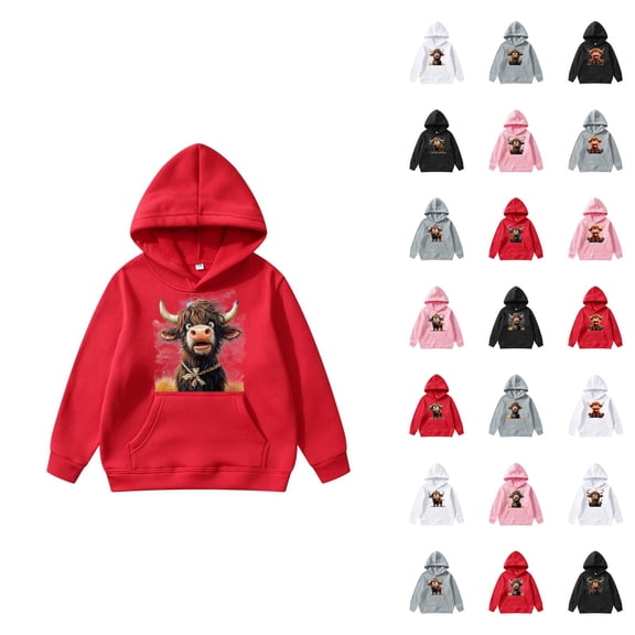 Cute Highland Cow Hoodies for Kids 2025 Long Sleeve Christmas Hooded Sweatshirt with Pockets for Boy Girl Pullover Top