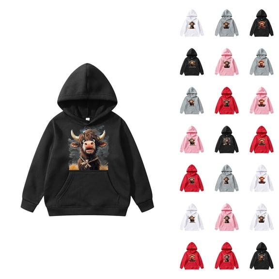 Cute Highland Cow Hoodies for Kids 2025 Long Sleeve Christmas Hooded Sweatshirt with Pockets for Boy Girl Pullover Top