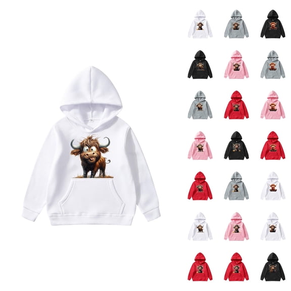 Cute Highland Cow Hoodies for Kids 2025 Long Sleeve Christmas Hooded Sweatshirt with Pockets for Boy Girl Pullover Top