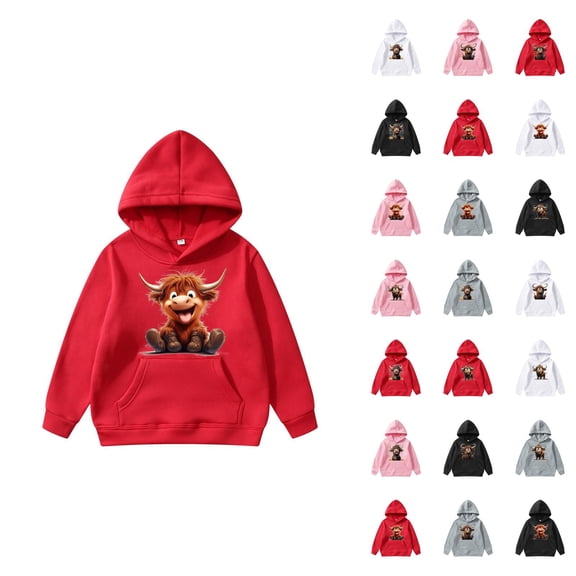 Cute Highland Cow Hoodies for Kids Christmas Long Sleeve Hooded Sweatshirt with Pockets for Boy Girl Pullover Top