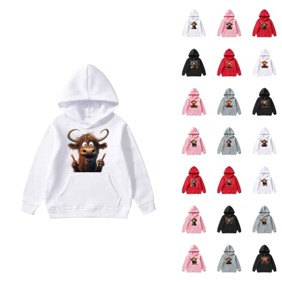 Cute Highland Cow Hoodies for Kids Christmas Long Sleeve Hooded Sweatshirt with Pockets for Boy Girl Pullover Top