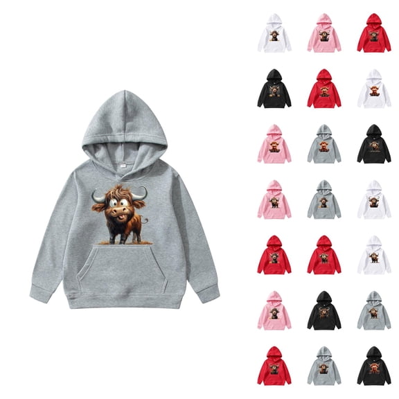 Cute Highland Cow Hoodies for Kids Christmas Long Sleeve Hooded Sweatshirt with Pockets for Boy Girl Pullover Top