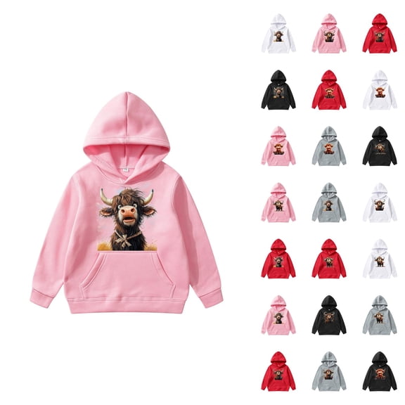 Cute Highland Cow Hoodies for Kids Christmas Long Sleeve Hooded Sweatshirt with Pockets for Boy Girl Pullover Top