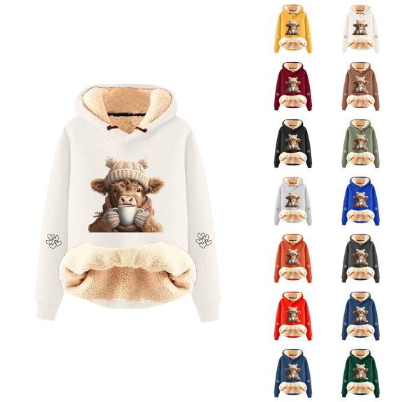 Cute Highland Cow Hoodies for Women Long Sleeve Lined Thermal Hoodie Pullover Sweatshirt Christmas Hoodies
