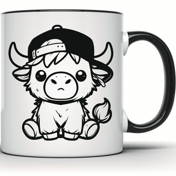 Cute Highland Cow Mug - Bull in Baseball Cap - Funny Animal Coffee Mug - Farmhouse Decor - Unique Mug Gift - Highland Cow Lover Gift - 11 Ounce Black Rim Handle Novelty Coffee Cup - WMUG1017-BLK