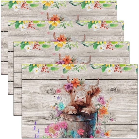 Cute Highland Cow Placemats Watercolor Retro Sunflowers Rustic Style Place Mats for Kids Teens Adults Wooden Stripes Wild Animal Kitchen Mats for Dining Table 12x18 Inch Set of 4