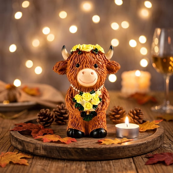 Cute Highland Cow Resin Figurine Set, Bride and Groom Themed Calf Statues with Yellow Floral Decor, Hand-Painted Farmhouse Wedding Tabletop Ornament for Shelf, Mantel and Home Decor