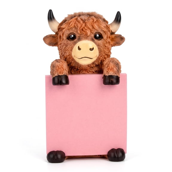 Cute Highland Cow Sticky Note Dispenser, Resin Desk Note Holder with 100 Sheets Pink Sticky Notes, Adorable Desktop Decor for Home Office Study Room