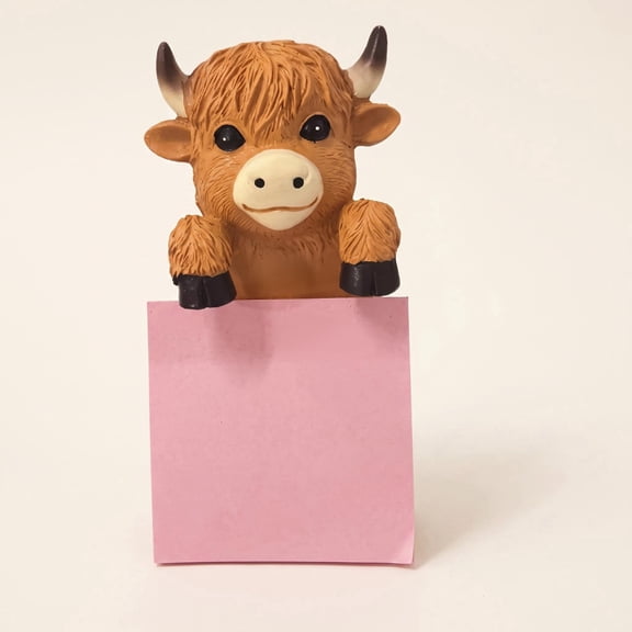 Cute Highland Cow Sticky Note Dispenser, Resin Desk Note Holder with 100 Sheets Pink Sticky Notes, Adorable Desktop Decor for Home Office Study Room