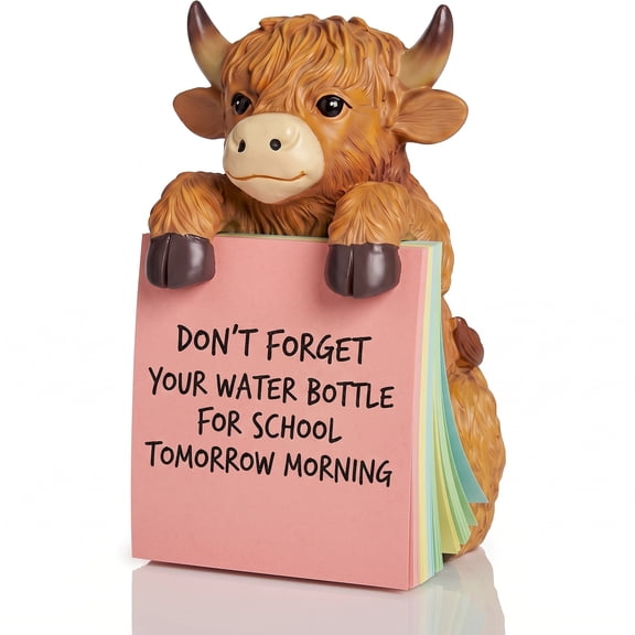 Cute Highland Cow Sticky Note Dispenser, Resin Desk Note Holder with 100 Sheets Pink Sticky Notes, Adorable Desktop Decor for Home Office Study Room