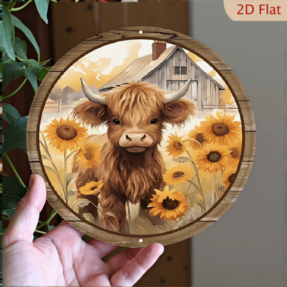 Cute Highland Cow & Sunflower Farmhouse Wall Art Decor, 8" Round Aluminum Metal Signs, Wall Decor For Kitchen, Door, Office, Bedroom Decor, Best Gifts For Room, Home, Bathroom Decor, Weird Decor