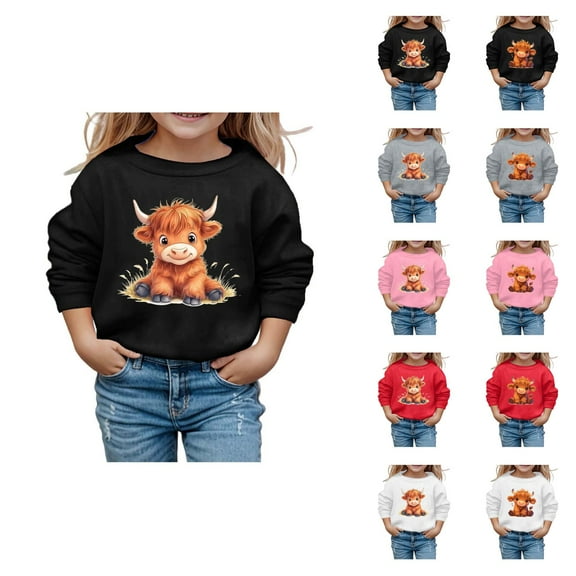 Cute Highland Cow Sweatshirts for Girl 2025 Long Sleeve Crewneck Christmas Graphic Sweatshirt Kids Pullover Tops