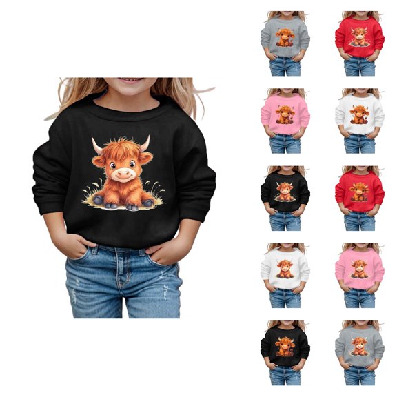 Cute Highland Cow Sweatshirts for Girl Crewneck Long Sleeve Christmas Graphic Sweatshirt Kids Pullover Tops