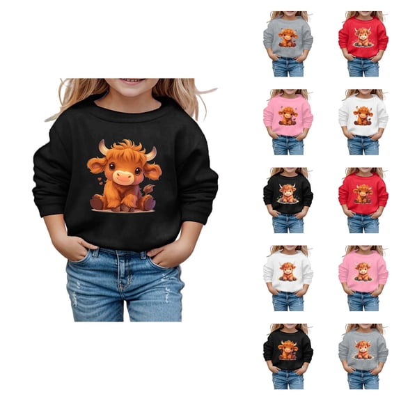 Cute Highland Cow Sweatshirts for Girl Crewneck Long Sleeve Christmas Graphic Sweatshirt Kids Pullover Tops