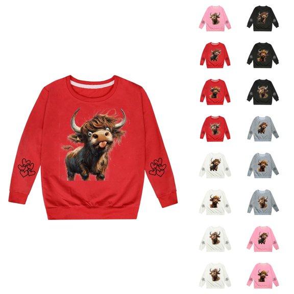 Cute Highland Cow Sweatshirts for Girls Boys Long Sleeve Crewneck Western Country Christmas Graphic Sweatshirt Pullover Tops