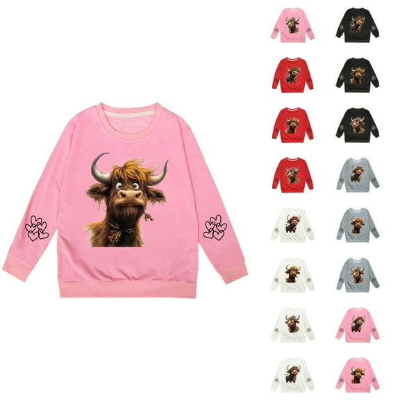 Cute Highland Cow Sweatshirts for Girls Boys Long Sleeve Crewneck Western Country Christmas Graphic Sweatshirt Pullover Tops