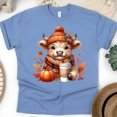 thumbnail image 1 of Cute Highland Cow Tee | Pumpkin Coffee Autumn Shirt | Unisex Casual T-Shirt, CarolinaBlue, Size 3XL, 1 of 6