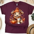 thumbnail image 1 of Cute Highland Cow Tee | Pumpkin Coffee Autumn Shirt | Unisex Casual T-Shirt, Maroon, Size 2XL, 1 of 6