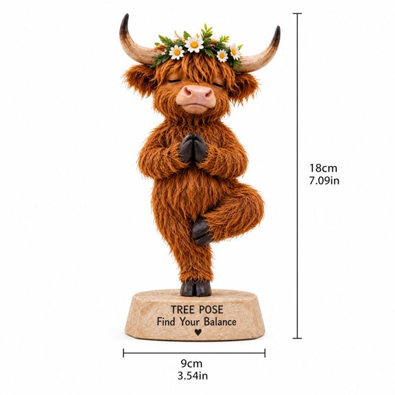 Cute Highland Cow Tree Pose Yoga Statue Resin Find Your Balance Ornament Desktop Figurine for Shelf Mantel Meditation Space Home Decor