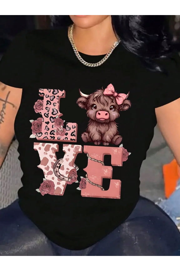 Cute Highland Cow Valentine's Day Love Graphic Women Short Sleeve Casual T-Shirt