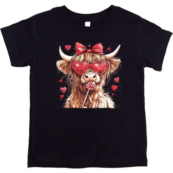 Cute Highland Cow Valentine's Day Shirt for Kids Hearts and Candy Tee for Girls Black Shirt 18 Months