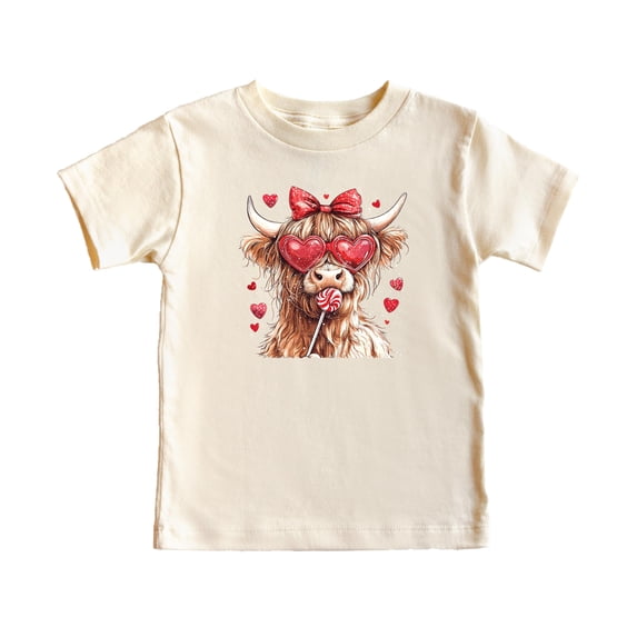 Cute Highland Cow Valentine's Day Shirt for Kids Hearts and Candy Tee for Girls Natural Shirt Youth Large