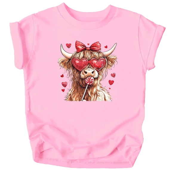 Cute Highland Cow Valentine's Day Shirt for Kids Hearts and Candy Tee for Girls Pink Shirt 18 Months