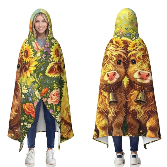 Cute Highland Cow Wearable Blanket Hoodies for Women Men Adults Highland Cow Lovers Cozy Plush Floral Highland Cows Hooded Blankets for Travel Camping Decor Birthday Gifts 50X60 Inch