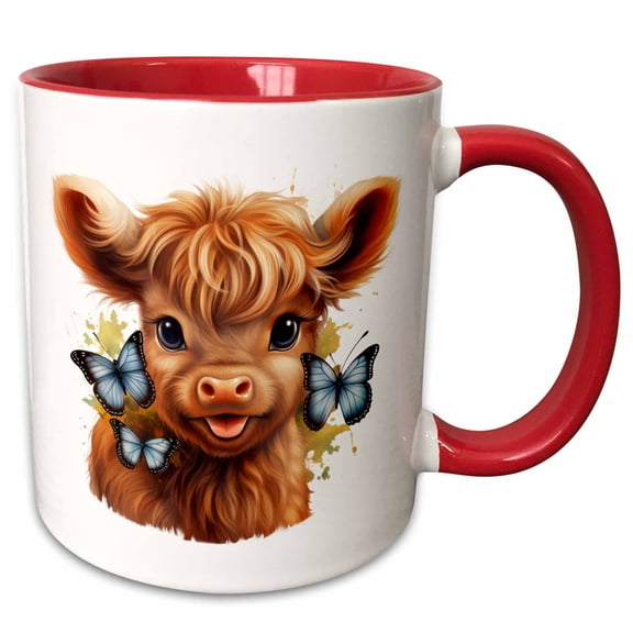3drose, Cute Highland Cow with Blue Butterflies Illustration, 11oz Two-tone Red Mug