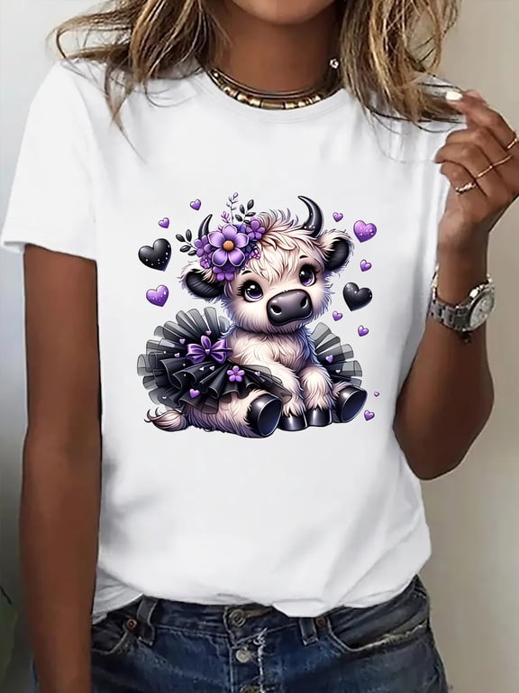 Cute Highland Cow in Black Tutu Purple Flower Hearts Graphic Short Sleeve T-Shirt, Casual Tee Top
