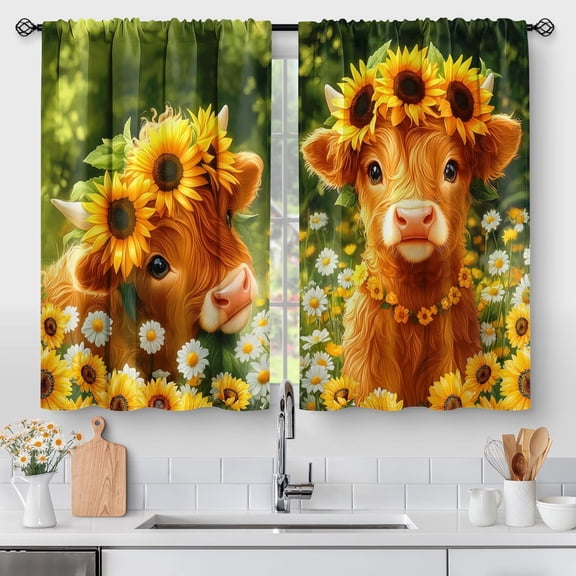 Cute Highland Cow with Sunflower Wreath Kitchen Curtains Rustic Farm Floral Window Drapes for Home Kitchen Bedroom Decor