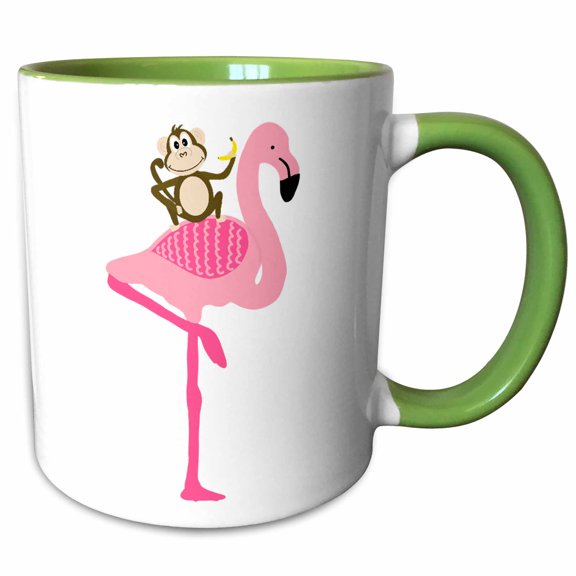 3drose, Cute Hilarious Monkey Riding on a Flamingo. the Best for Bird Lovers., 15oz Two-tone Green Mug
