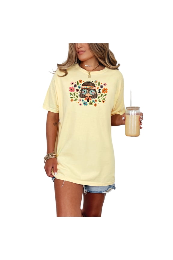 Cute Hippie Girl Illustration T-Shirt, Retro Flower Child Graphic Tee, Peace Sign Floral Design Shirt, Vintage Inspired Top, Funky Art, Butter Comfort Colors T-Shirt, Medium