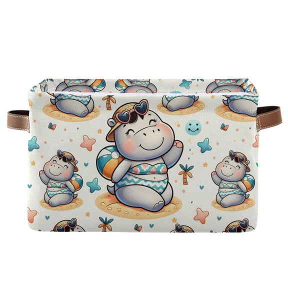 Cute Hippo Girl on Beach Storage Bins with Handle Fabric Organizer Basket Foldable Box 1 Pack 14.2x10.2x8.3