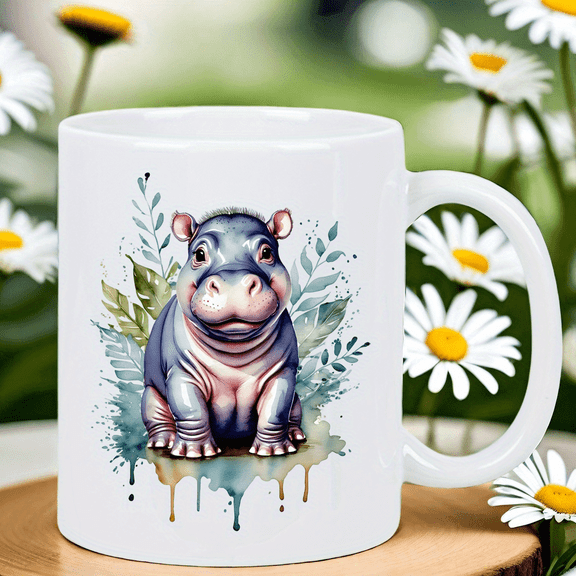 Cute Hippo Insulated Ceramic Coffee Mug - Reusable, Hand Wash Only - Watercolor Hippo Design with Leafy Foliage - Perfect Gift for Coffee & Tea Lovers - White, Coffee Cup