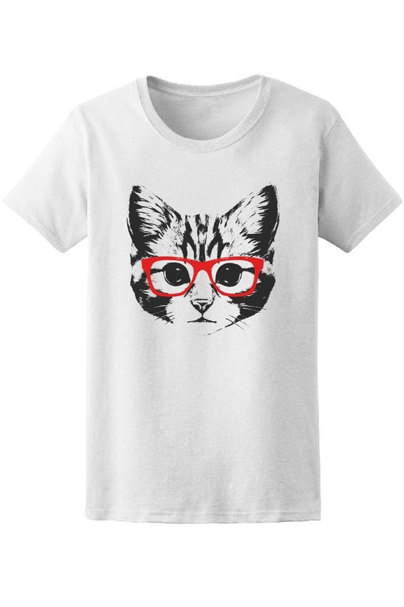 Cute Hipster Kitty Face Sketch T-Shirt Women -Image by Shutterstock, Female XX-Large
