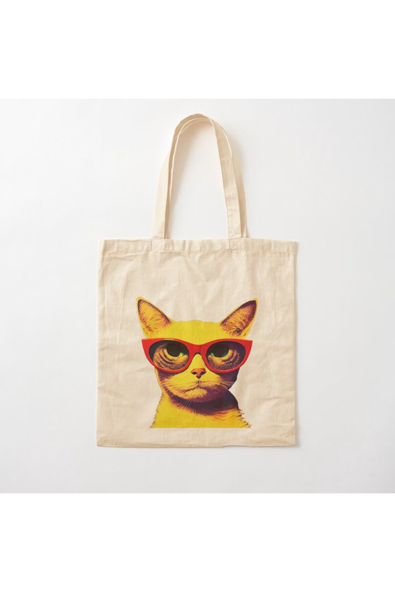 Cute Hipster Pop Art Cat Portrait Canvas Tote Bags, Reusable Shopping Bag