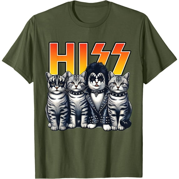 Cute Hiss Cats Rock Kittens Kitty Rocking Music Cat Lovers Unisex T-Shirt for Men Women Kids Toddler,Military Green Color,Size YL
