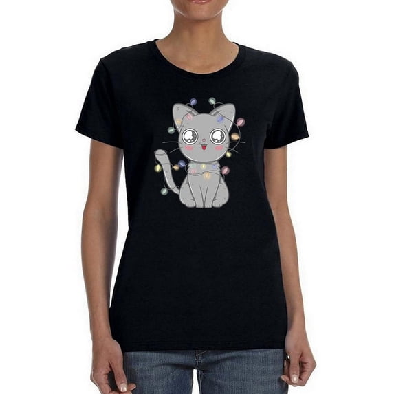 Cute Holiday Cat With Lights Women Shaped T-Shirt, Female Medium