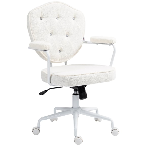 Cute Home Office Chair, Computer Desk Chair with Button Tufted Teddy Bear Fleece, Swivel Vanity Chair, Cream White