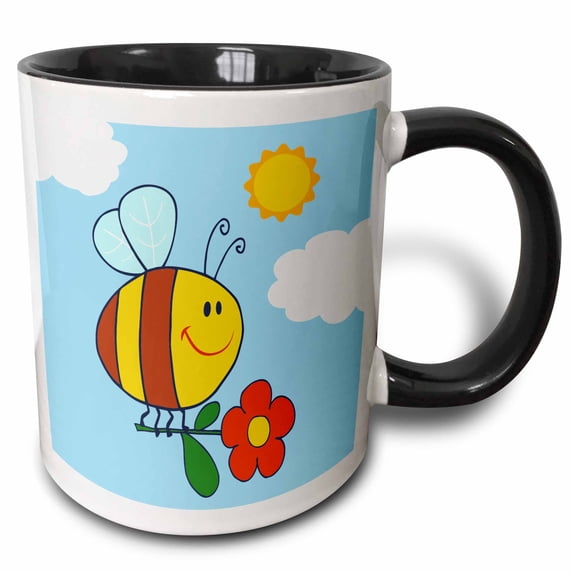 3drose, Cute Honey Bee Holding Flower Happy Summer Cartoon Nature Design, 11oz Two-tone Black Mug