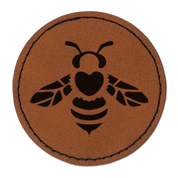 Cute Honey Bumblebee with Heart on Back 2.5" Faux Leather Round Engraved Iron-On Patch - Brown