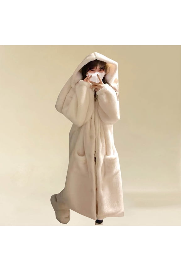 Cute Hooded Robes for Women, Fall Winter Thick Fleece Full Length Bathrobes Soft Warm Sleepwear Housecoat with Pockets New Women's Bath Robes Warm Soft Cozy White XL